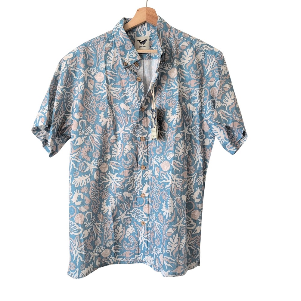 NWT Yiume‎ Mens Short Sleeve Button Up Shirt Blue Ocean Coral Print Size Medium